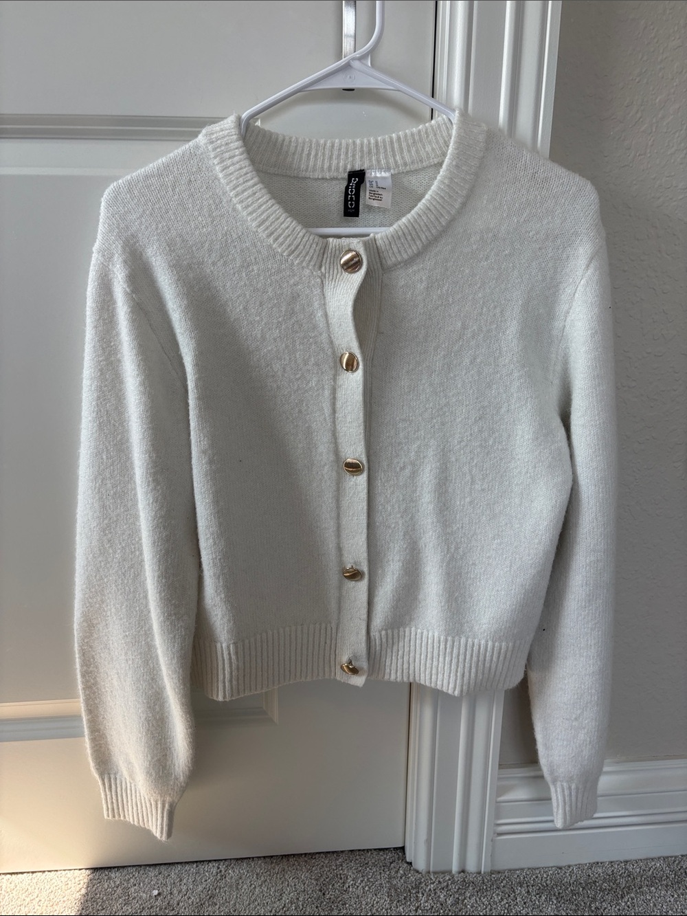 H&M Ivory Crewneck Cardigan with Gold Buttons